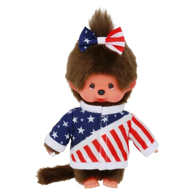 Sekiguchi Monchhichi Girl plush in patriotic stars and stripes outfit 8 inch collectible toy in packaging