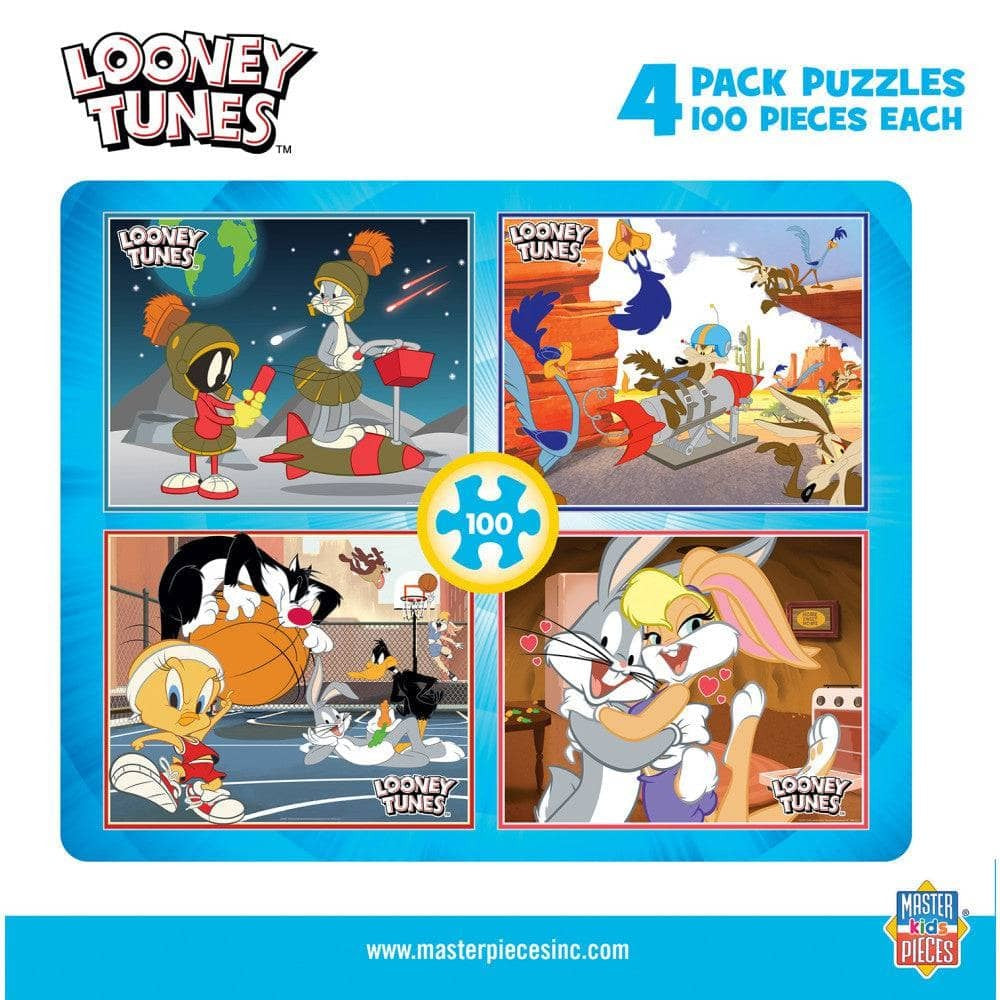 Looney Tunes 100 Piece Jigsaw Puzzles 4-Pack by MasterPieces with colorful classic cartoon scenes in four sets