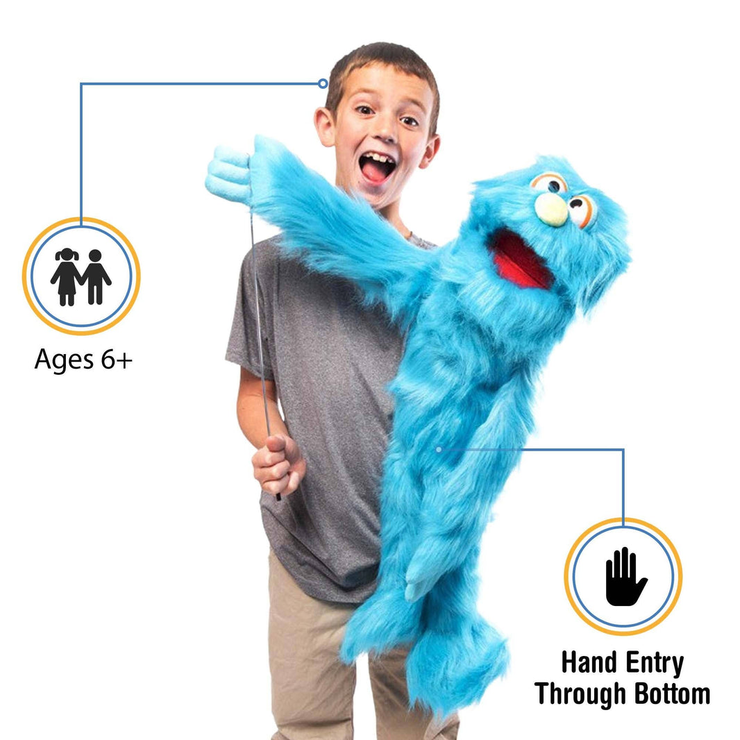 Silly Puppets - Silly Puppets Monster, Blue (30") plush puppet with bright blue fur and movable mouth held by excited boy