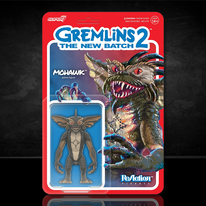 Super7 Gremlins 2 Mohawk action figure in blister pack with vibrant red and blue themed card art