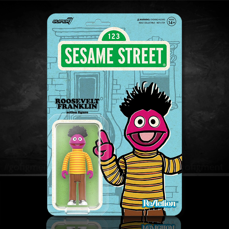 Sesame Street Roosevelt Franklin action figure in yellow striped shirt by Super7 in blue branded packaging with character illustration