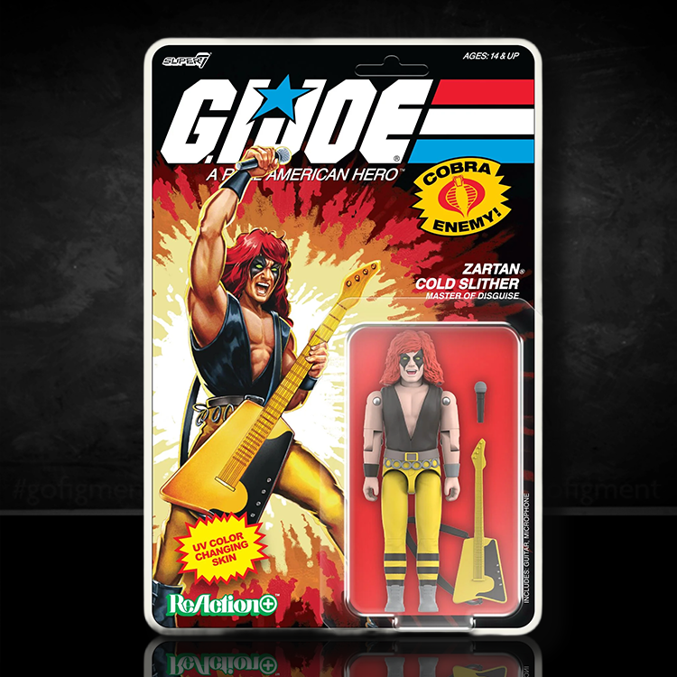 Hasbro G.I. Joe ReAction+ Zartan Cold Slither figure with guitar and microphone in retro blister packaging