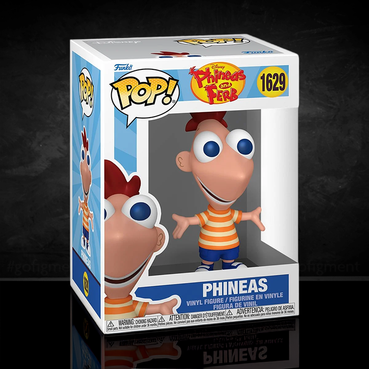 Funko Pop Phineas vinyl figure #1629 in box featuring striped shirt and blue shorts from Phineas and Ferb