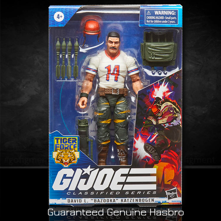 Hasbro GI Joe Classified Series Bazooka action figure in packaging with accessories and Tiger Force logo detail