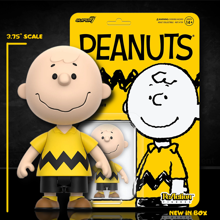 Charlie Brown Super7 Peanuts 3.75" scale ReAction figure with yellow packaging and character illustration
