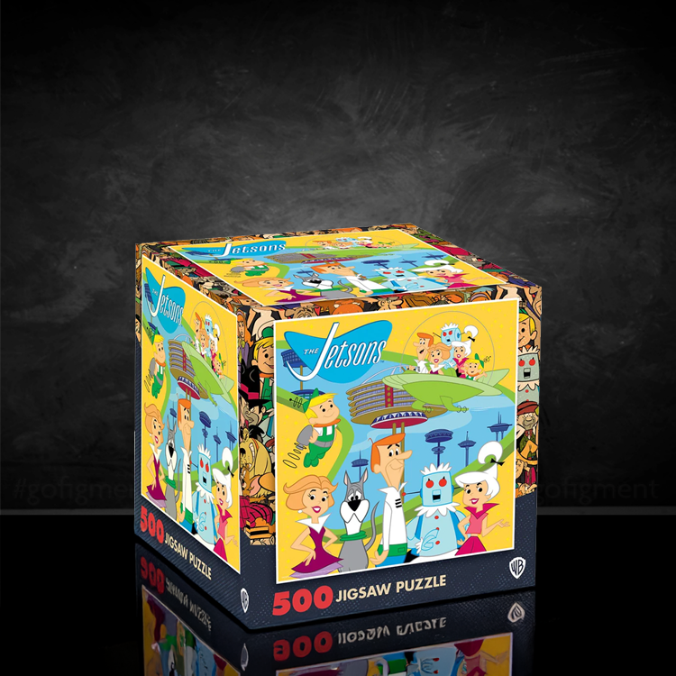 Master Pieces Jetsons 500-piece jigsaw puzzle cube with colorful cartoon family and futuristic city design