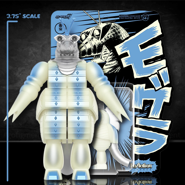 Super7 Moguera '57 glow ReAction figure in translucent blue and white with vintage style packaging background