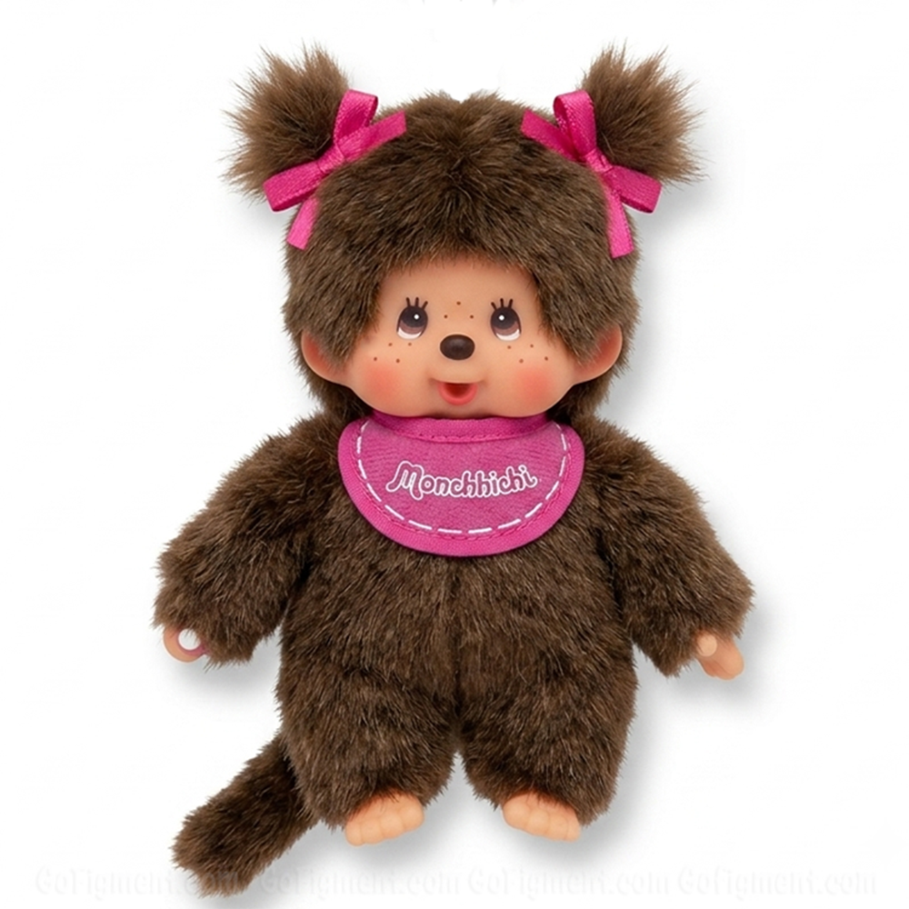 4" Monchhichi Keychain - Classic Girl with Pig Tails Mascot - Authentic Plush Mascot, NWT by Sekiguchi brown fur with pink bows and bib