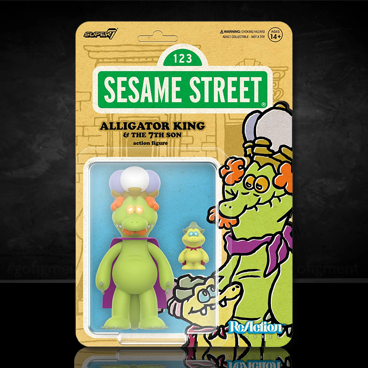 Sesame Street Alligator King and 7th Son action figure set by Super7 in retro style packaging with character illustration