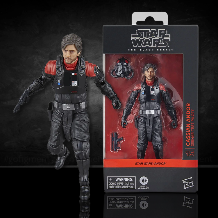 Cassian Andor Star Wars Black Series 6-inch action figure in Sienar Test Pilot outfit by Hasbro with accessories and packaging