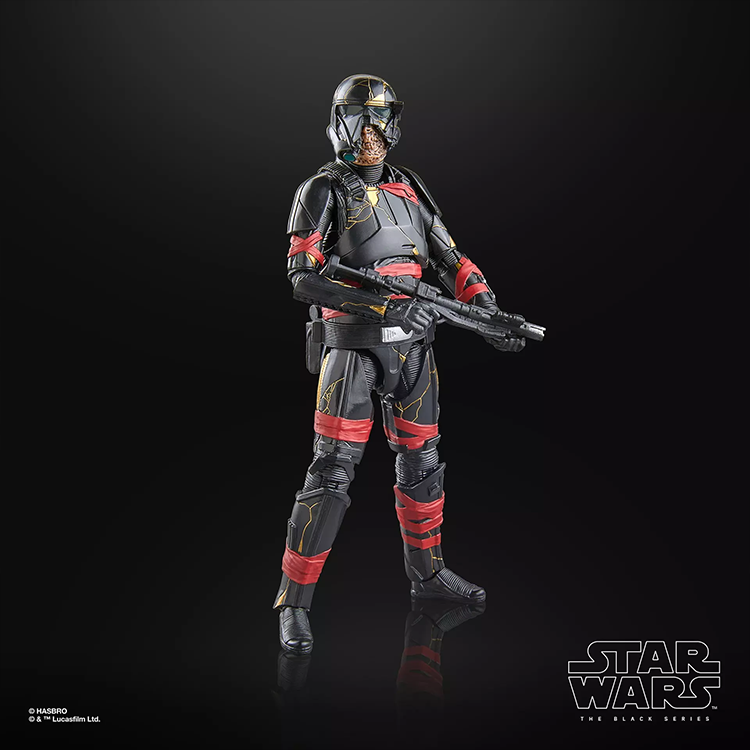 Black Series Night Trooper action figure with detailed armor and Zombie Jaw, posed with blaster rifles by Hasbro