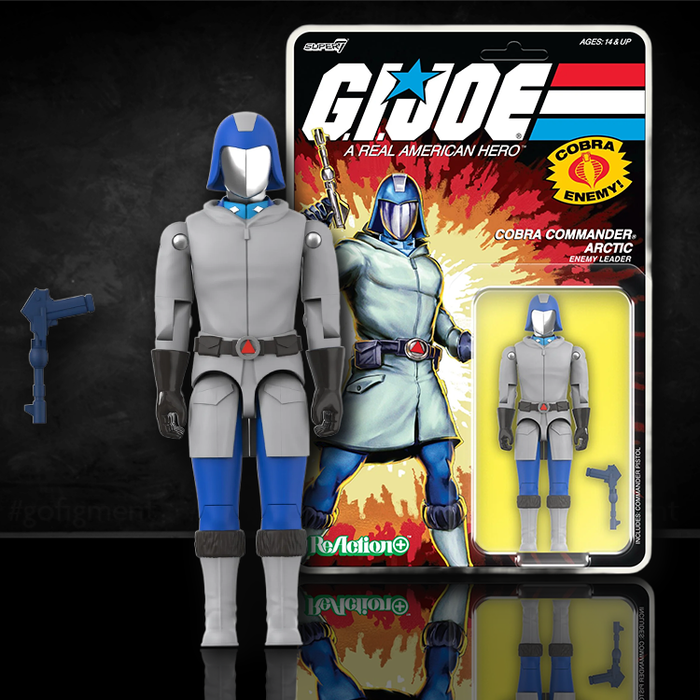 Hasbro GI Joe Cobra Commander Arctic ReAction+ 1/18 scale figure with pistol accessory and vintage packaging background
