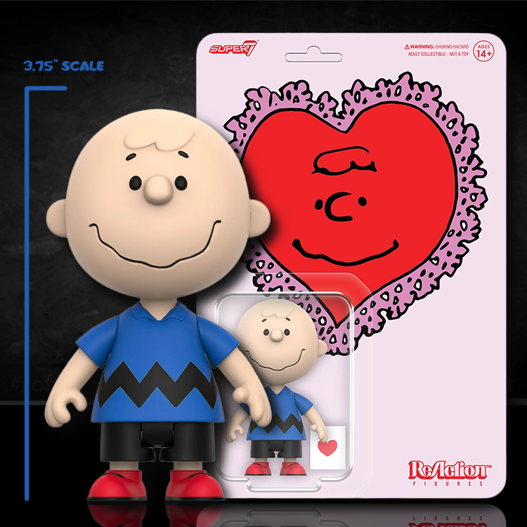 Charlie Brown Valentines Delivery Super7 action figure 3.75 inch with heart-themed packaging background