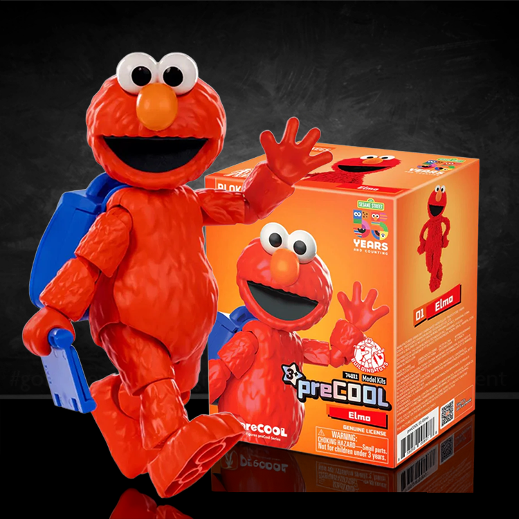 Blokees Elmo Sesame Street mini model kit with posable red figure standing next to colorful branded packaging box