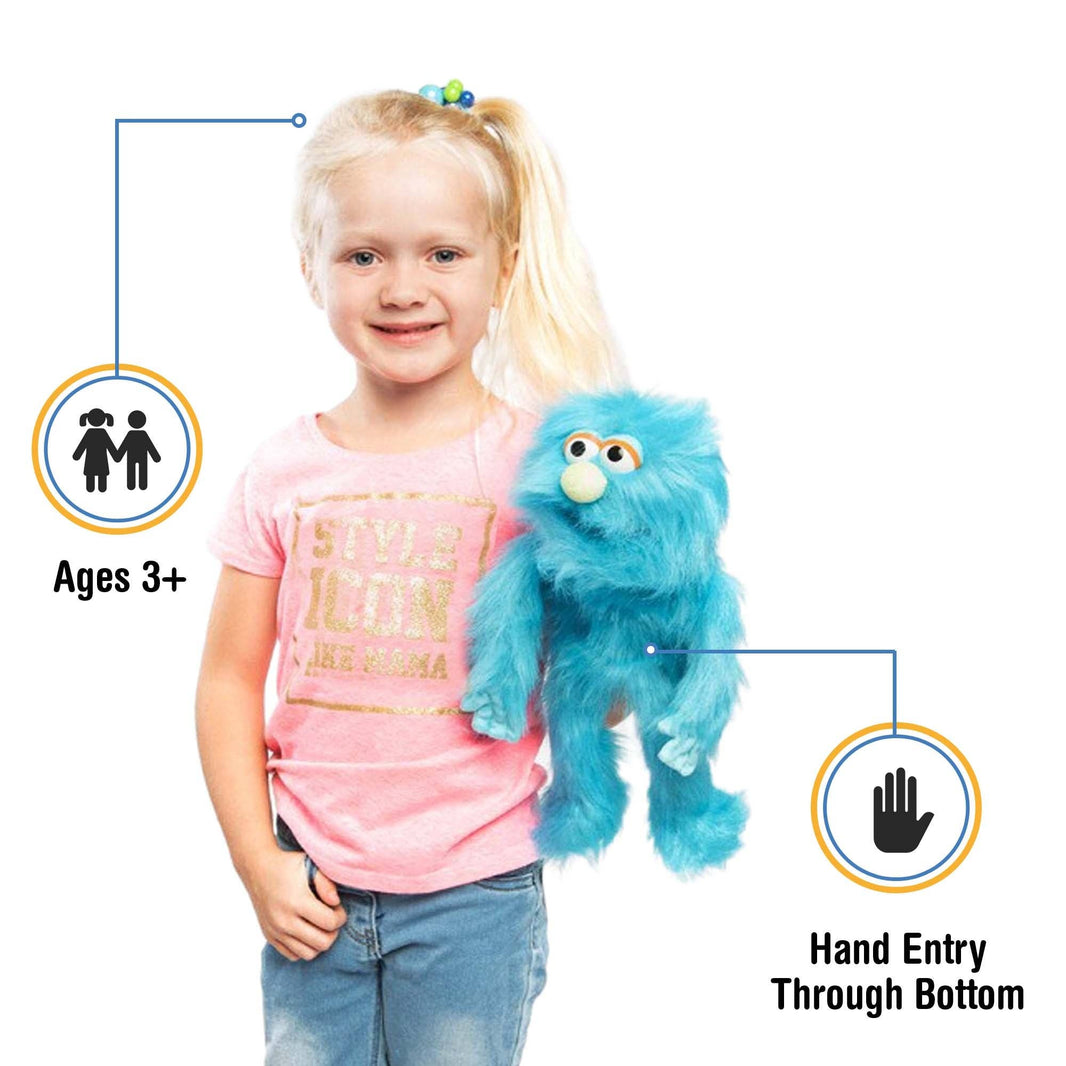 Silly Puppets - Silly Puppets Monster, Blue (14") plush with fuzzy texture and green nose held by a child ages 3+