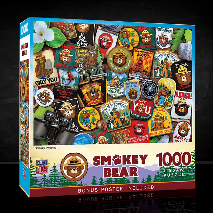 Master Pieces Smokey Bear 1000 piece jigsaw puzzle featuring vintage conservation patch designs in colorful collage style