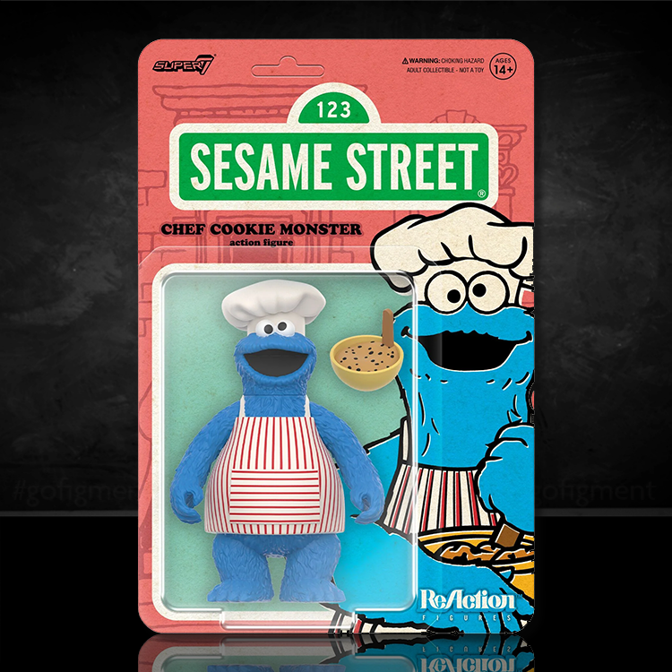 Sesame Street Chef Cookie Monster action figure in chef hat and striped apron in Super7 branded packaging