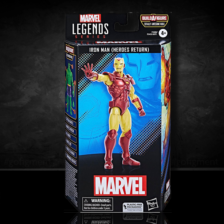 Iron Man Heroes Return Marvel Legends 6 inch action figure in red and gold armor by Hasbro packaged box front view