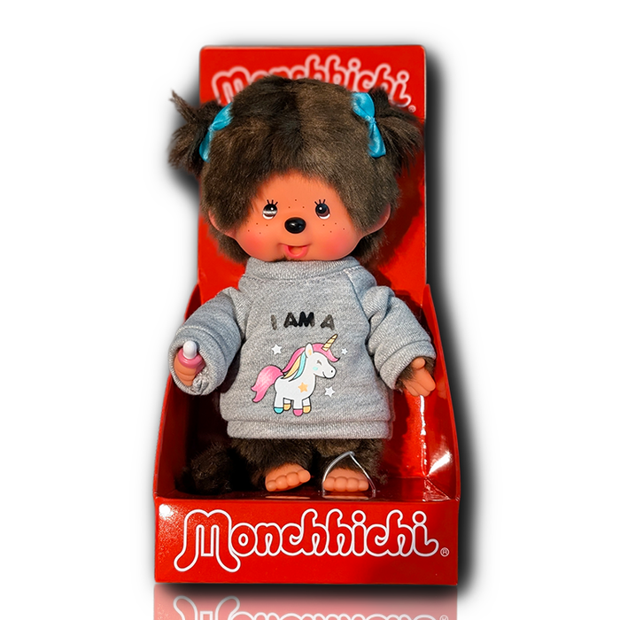 Official Sekiguchi 8-inch Monchhichi Girl Unicorn plush doll collectible, often searched as a pastel Monchichi toy.