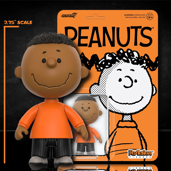 Franklin Peanuts 3.75 inch action figure by Super7 in orange shirt with striped pants in branded packaging