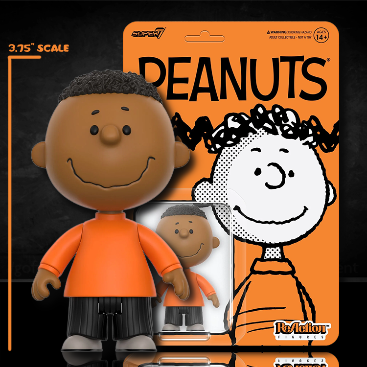 Franklin Peanuts 3.75 inch action figure by Super7 in orange shirt with striped pants in branded packaging