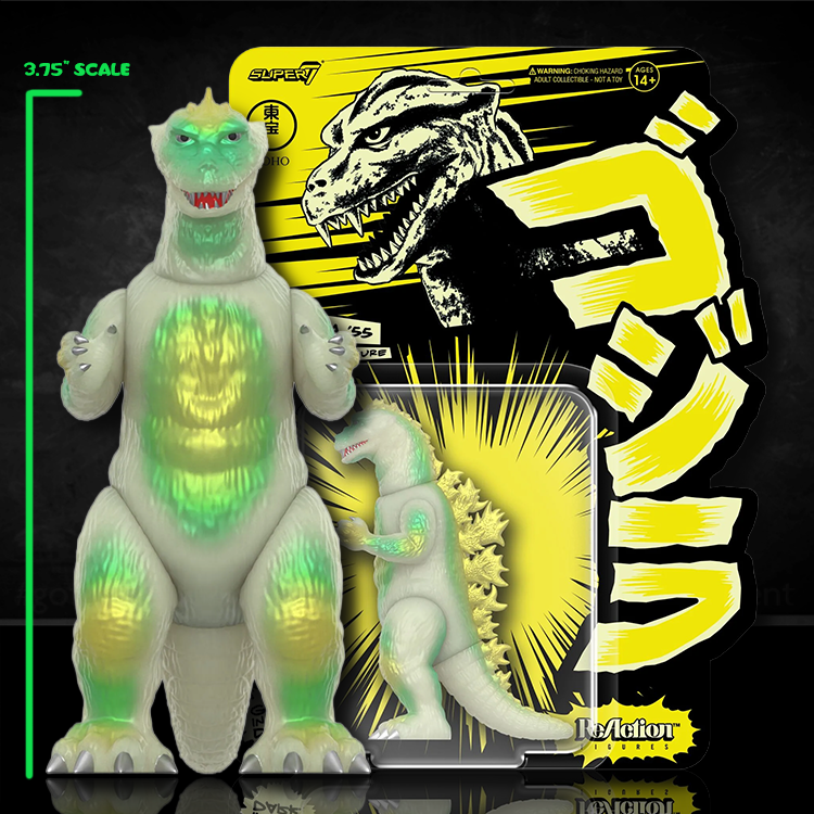 Godzilla '55 glowing 3.75-inch scale action figure by Super7 with black and yellow retro packaging background