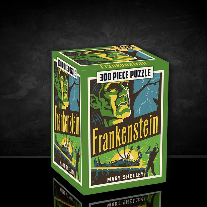 Master Pieces Frankenstein 300 piece jigsaw puzzle cube featuring classic horror illustration on green themed packaging