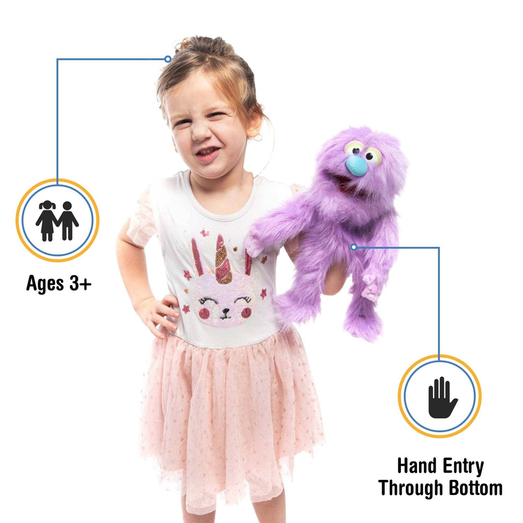 Silly Puppets - Silly Puppets Monster, Purple (14") plush with fuzzy fur and movable limbs held by young child in dress