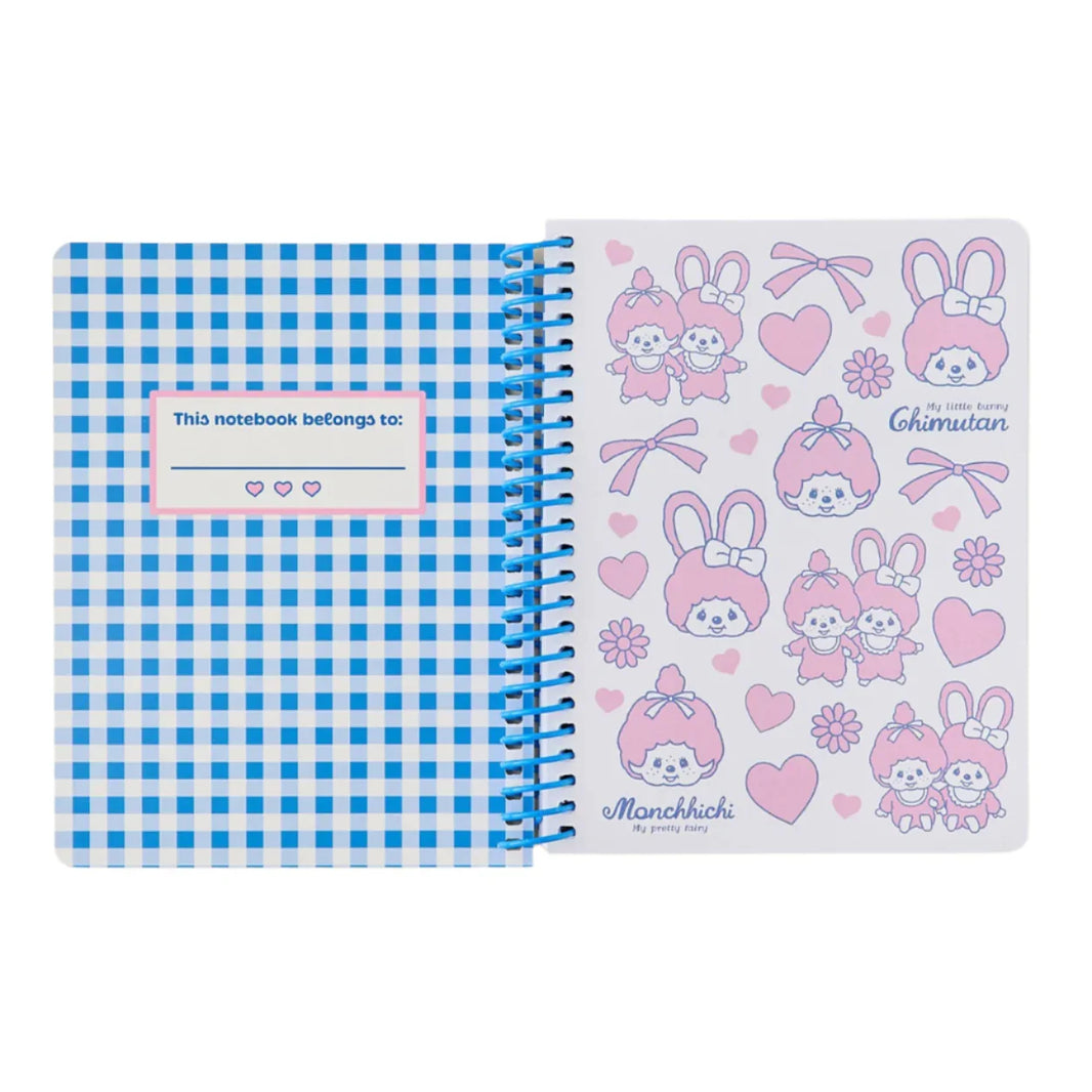 Monchhichi & Chimutan 200 Page Spiral Bound Journal Notebook with blue checkered cover and pink character art