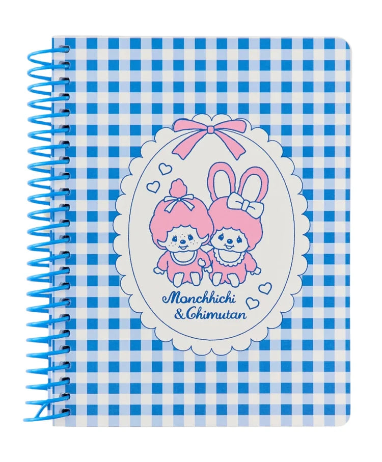 Monchhichi & Chimutan 200 Page Spiral Bound Journal Notebook, Monchhichi blue gingham cover with character art
