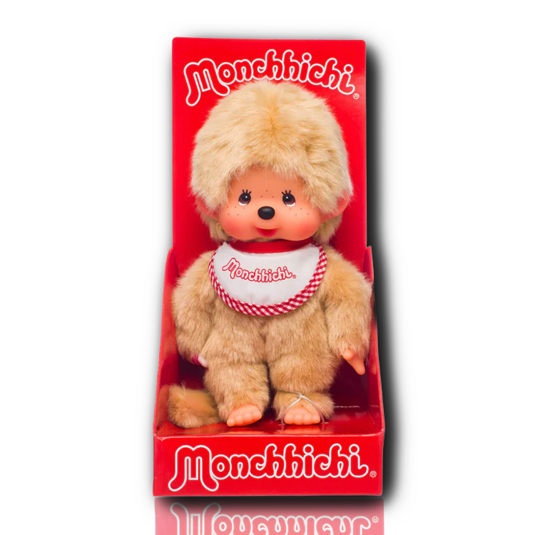 Sekiguchi Monchhichi Boy 8 inch beige fur plush monkey with red and white bib in branded packaging