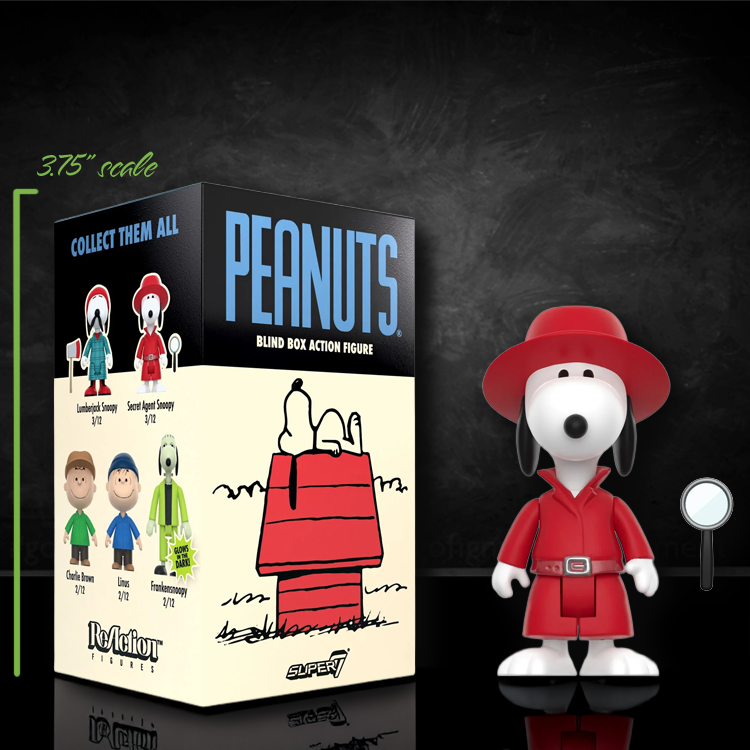 Super7 Peanuts Secret Agent Snoopy action figure in red coat with original blind box standing on black surface