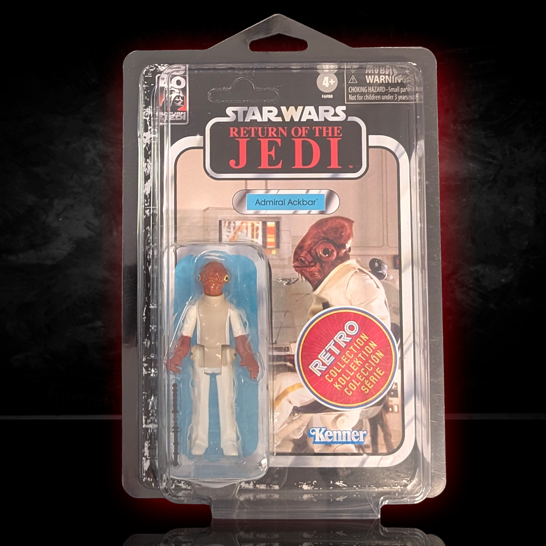 Kenner Star Wars Retro Collection Admiral Ackbar action figure in original ROTJ packaging with blue background insert
