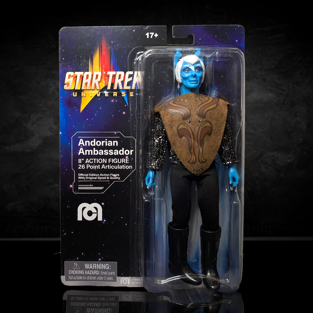Mego 8-inch Andorian Ambassador figure from Star Trek Universe with blue skin and detailed costume in packaging