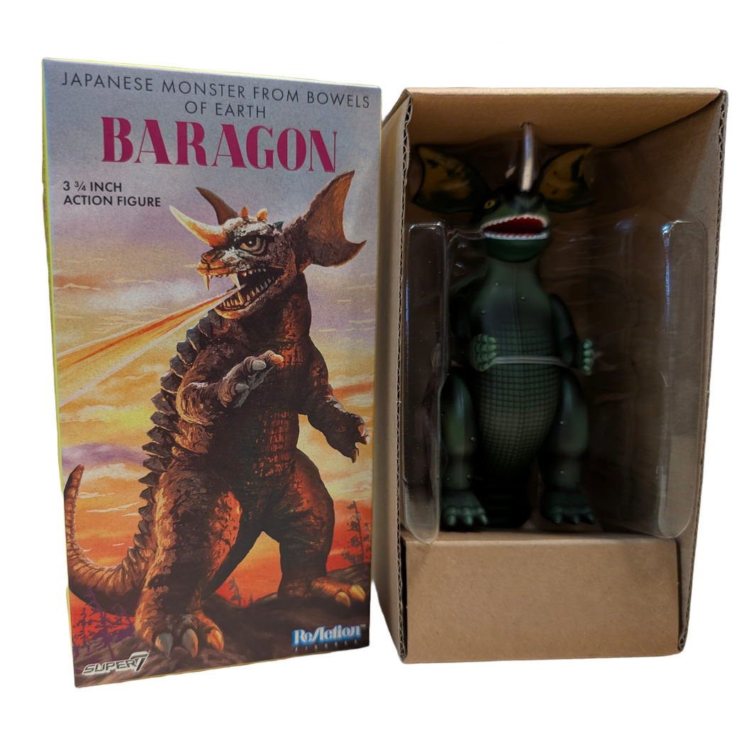Super7 Toho ReAction Wave 1 Baragon 3.75-inch retro style action figure in vintage Marusan tin packaging