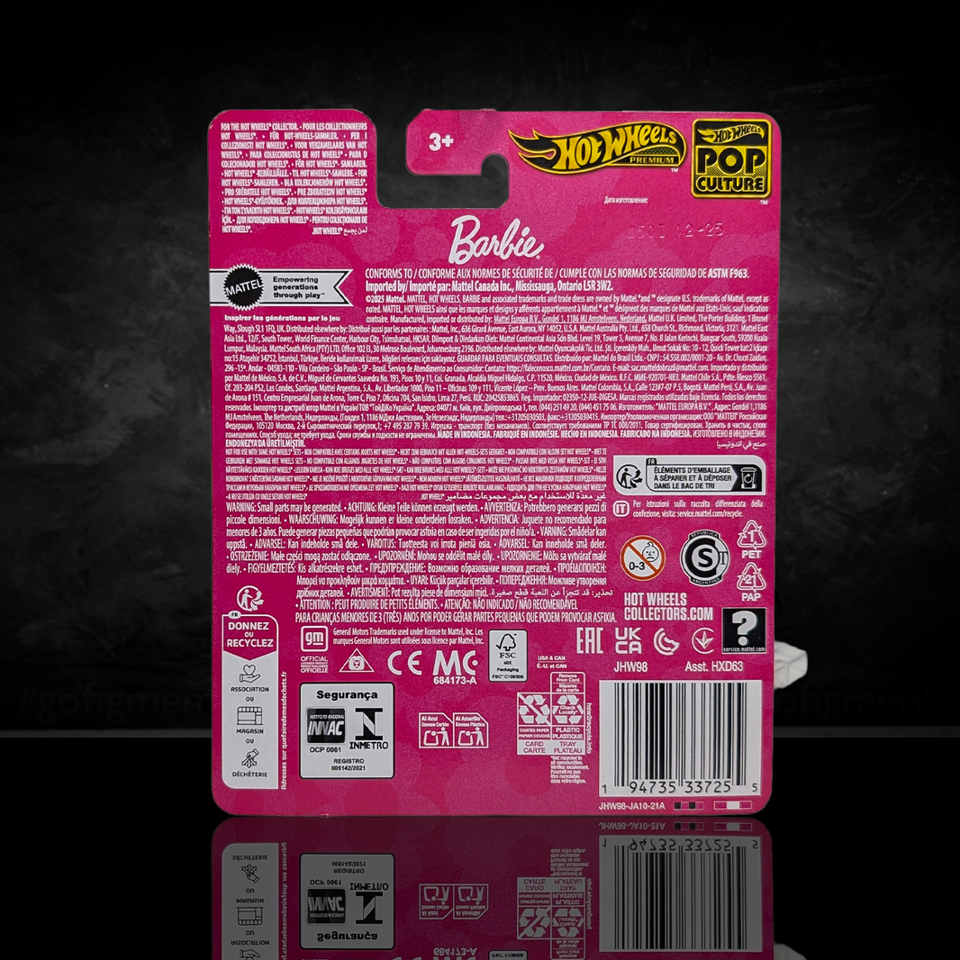 Barbie Surf Van Hot Wheels Premium Pop Culture Diecast Car packaging back by Mattel with product info and logos on pink background