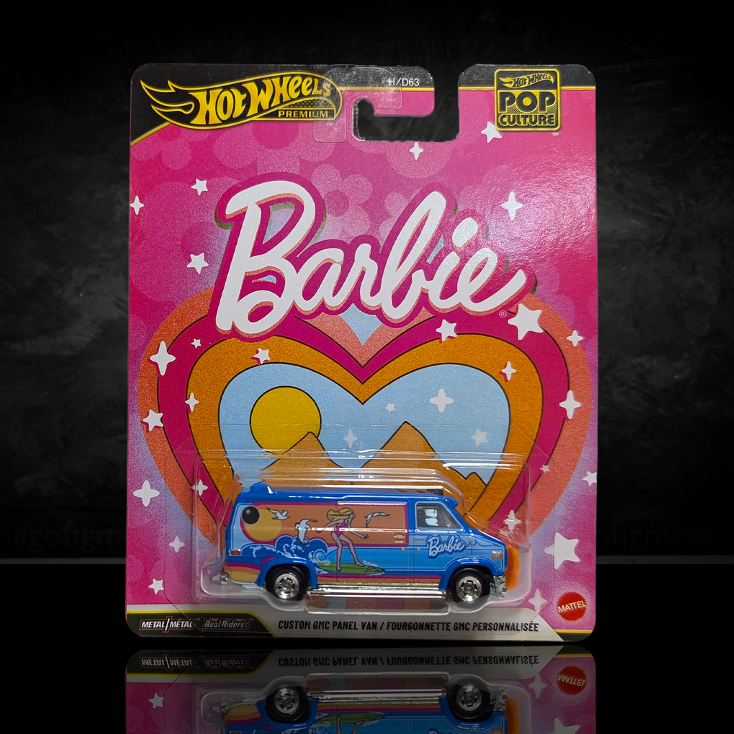 Barbie Surf Van Hot Wheels Premium Pop Culture Diecast Car by Mattel in colorful retro packaging with surfer design van
