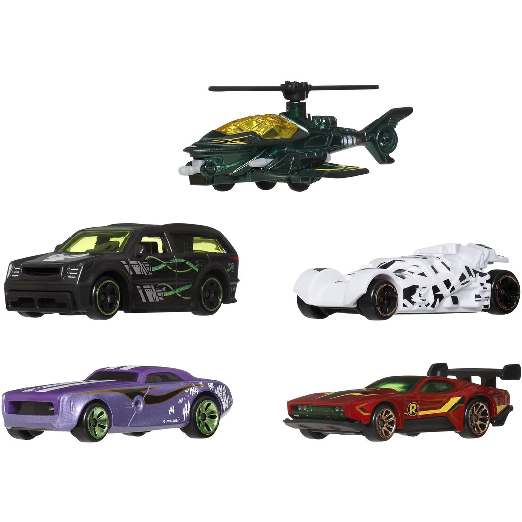Mattel - Hot Wheels 1:64 Silver Series Batman 5-Piece S Assortment (DC) featuring detailed Batman vehicles including helicopter and cars