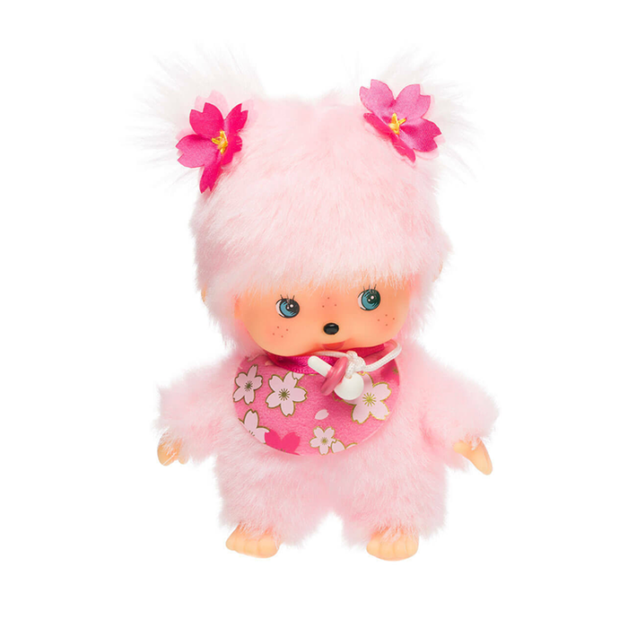 Sekiguchi Monchhichi Bebichhichi plush in pink Sakura cherry blossom design with floral bib and soft fur details
