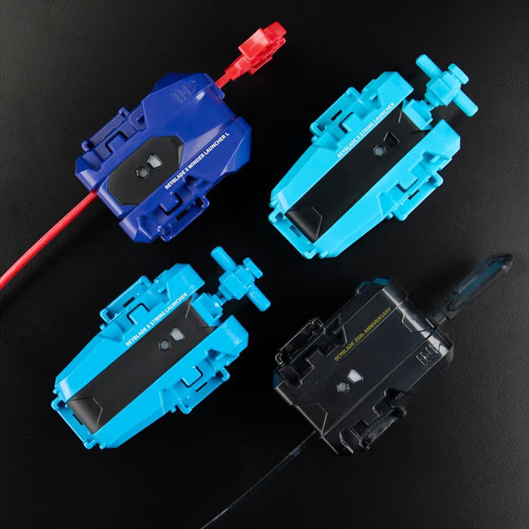 Hasbro Beyblade 25th Anniversary set featuring four colorful launchers in blue, black, and red against black background