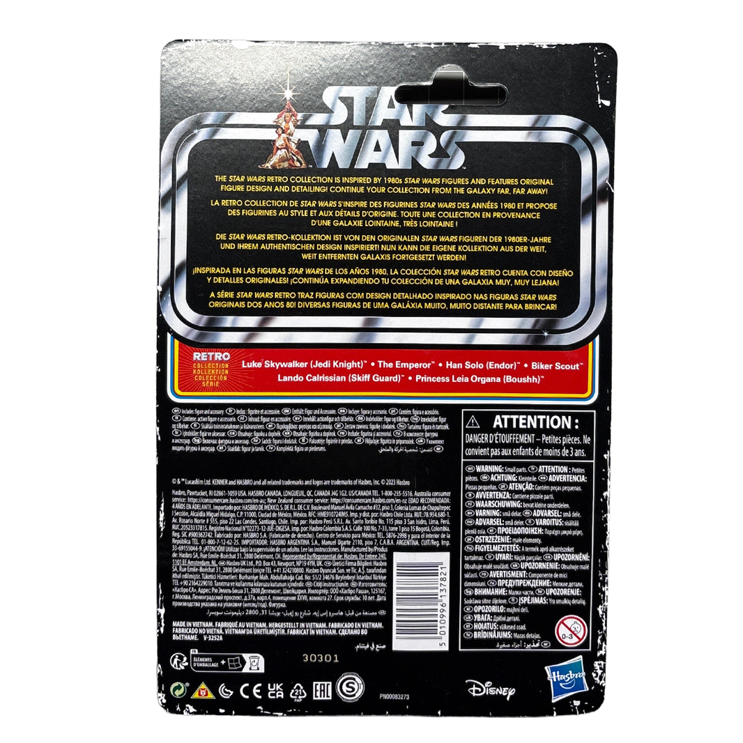 Biker Scout Star Wars Retro Collection Action Figure in case ROTJ by Kenner back packaging