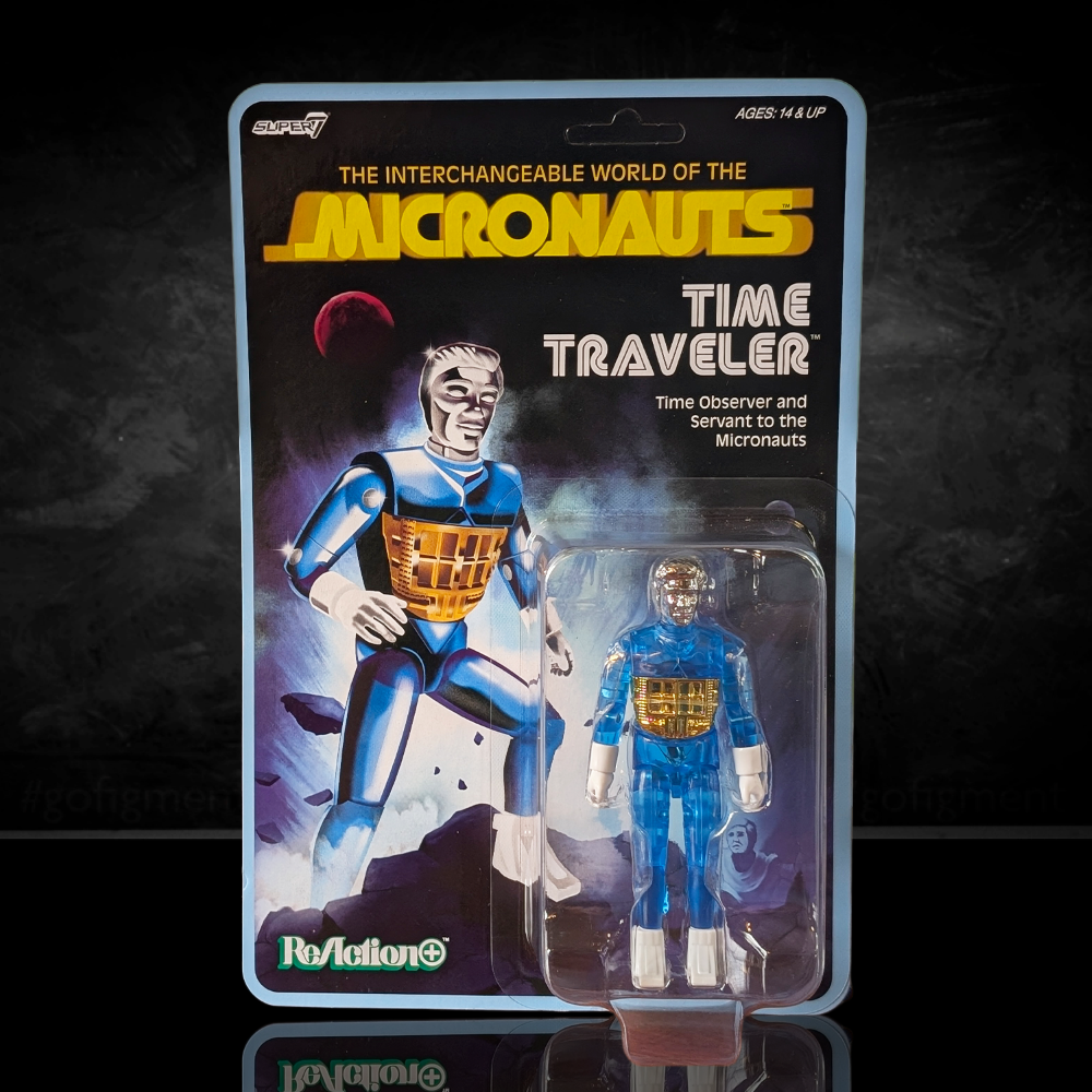 Time Traveler Micronauts Translucent Blue Super7 ReAction+ Action Figure new in box with vintage packaging design