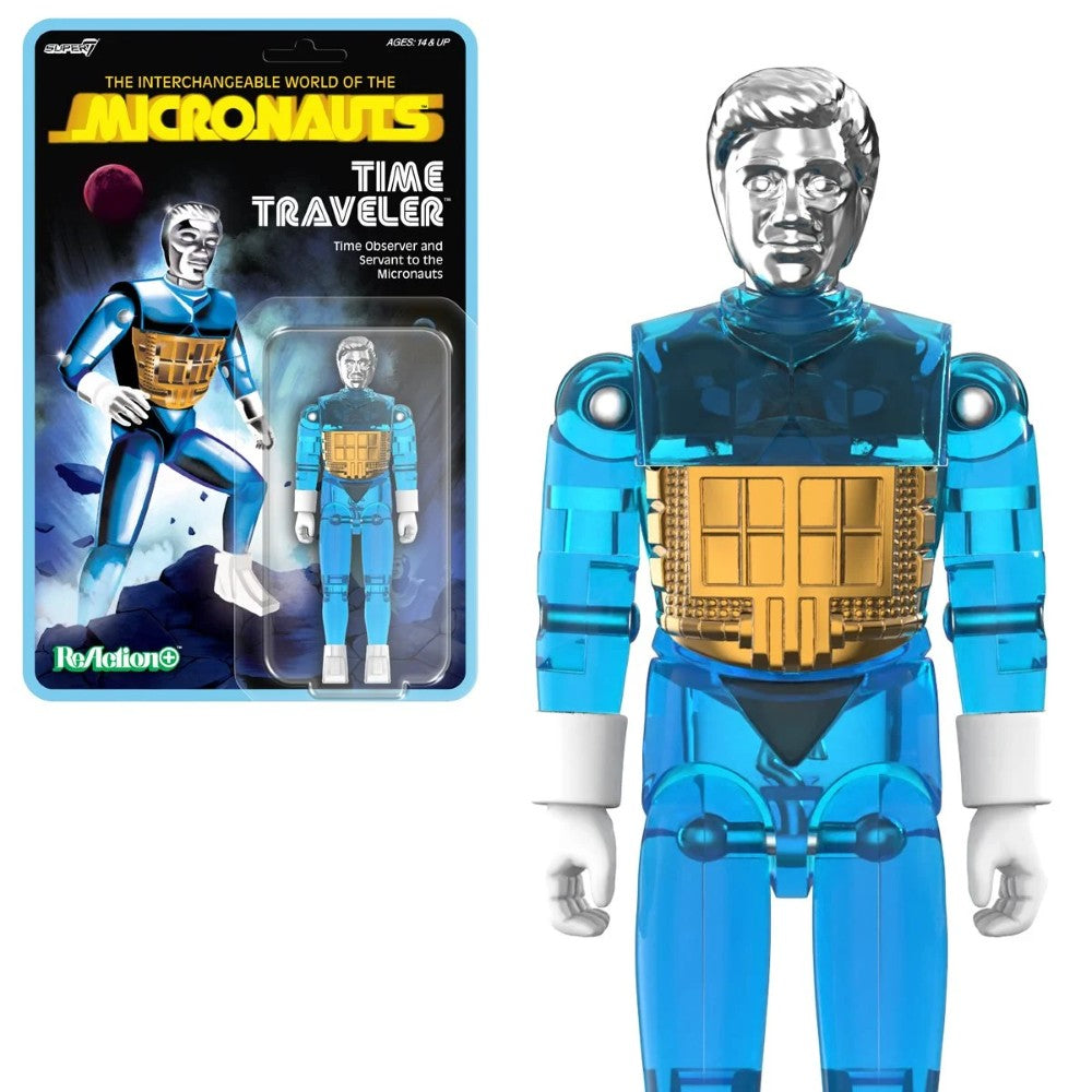 Time Traveler Micronauts Translucent Blue Super7 ReAction+ Action Figure new in box with silver face and gold chest detail