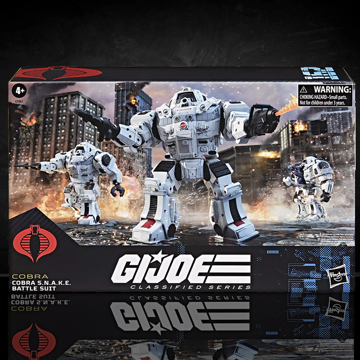 Hasbro G.I. Joe Cobra S.N.A.K.E battle suit toy with armored mech design and multiple accessories in urban combat setting