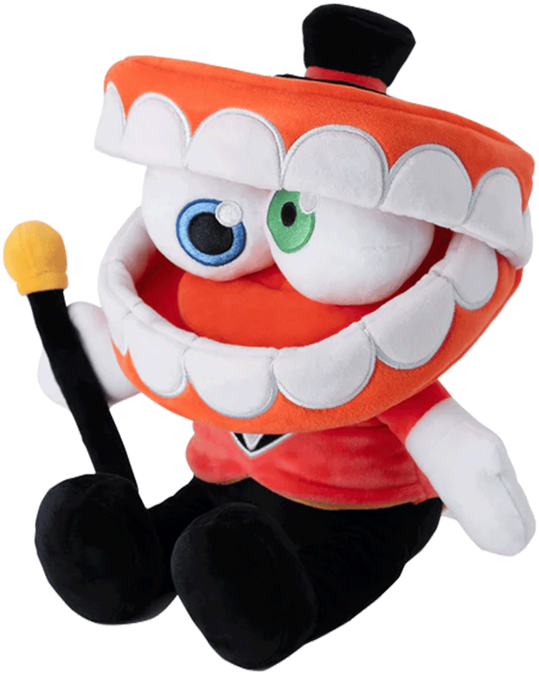 Glitch Caine plush with large teeth, heterochromatic eyes, black top hat, and red outfit holding a cane on white background