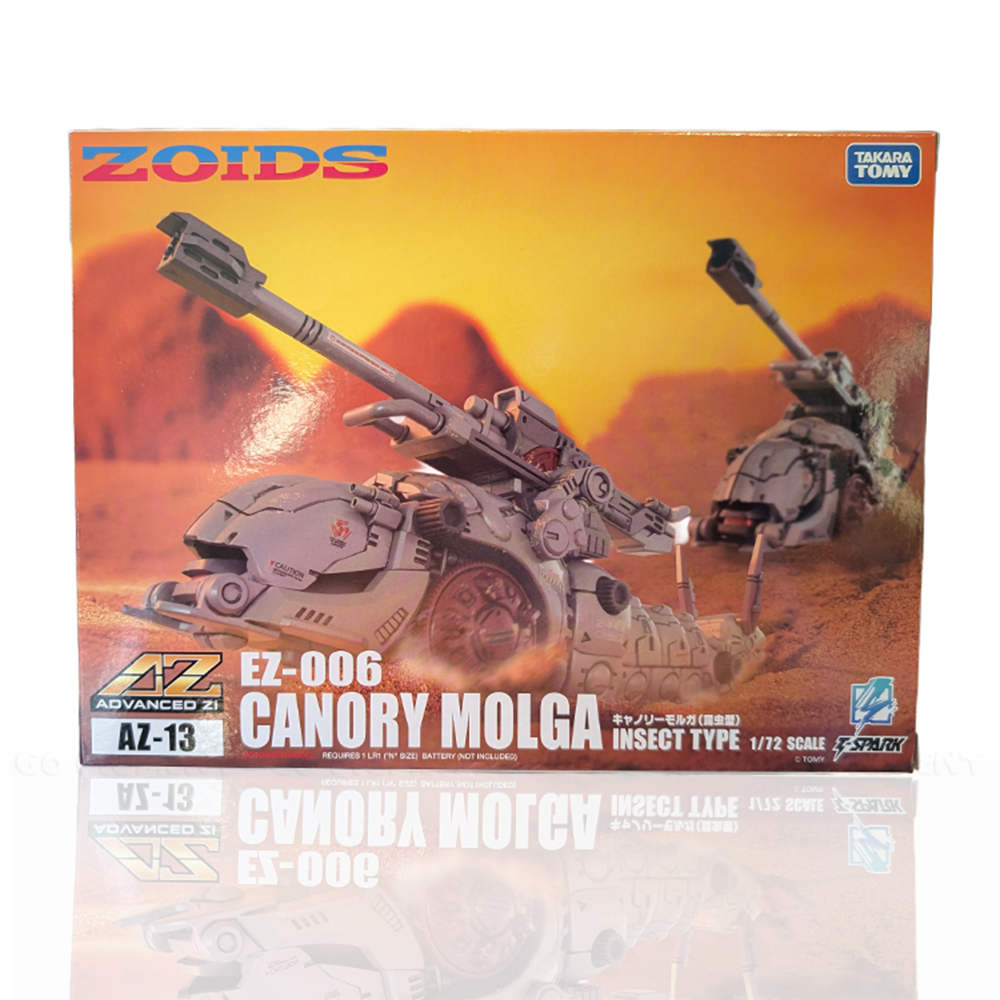Molga ZOIDS AZ-13 Canory Molga Model Kit by Kotobukiya with insect-type mechanical design and desert background on box art