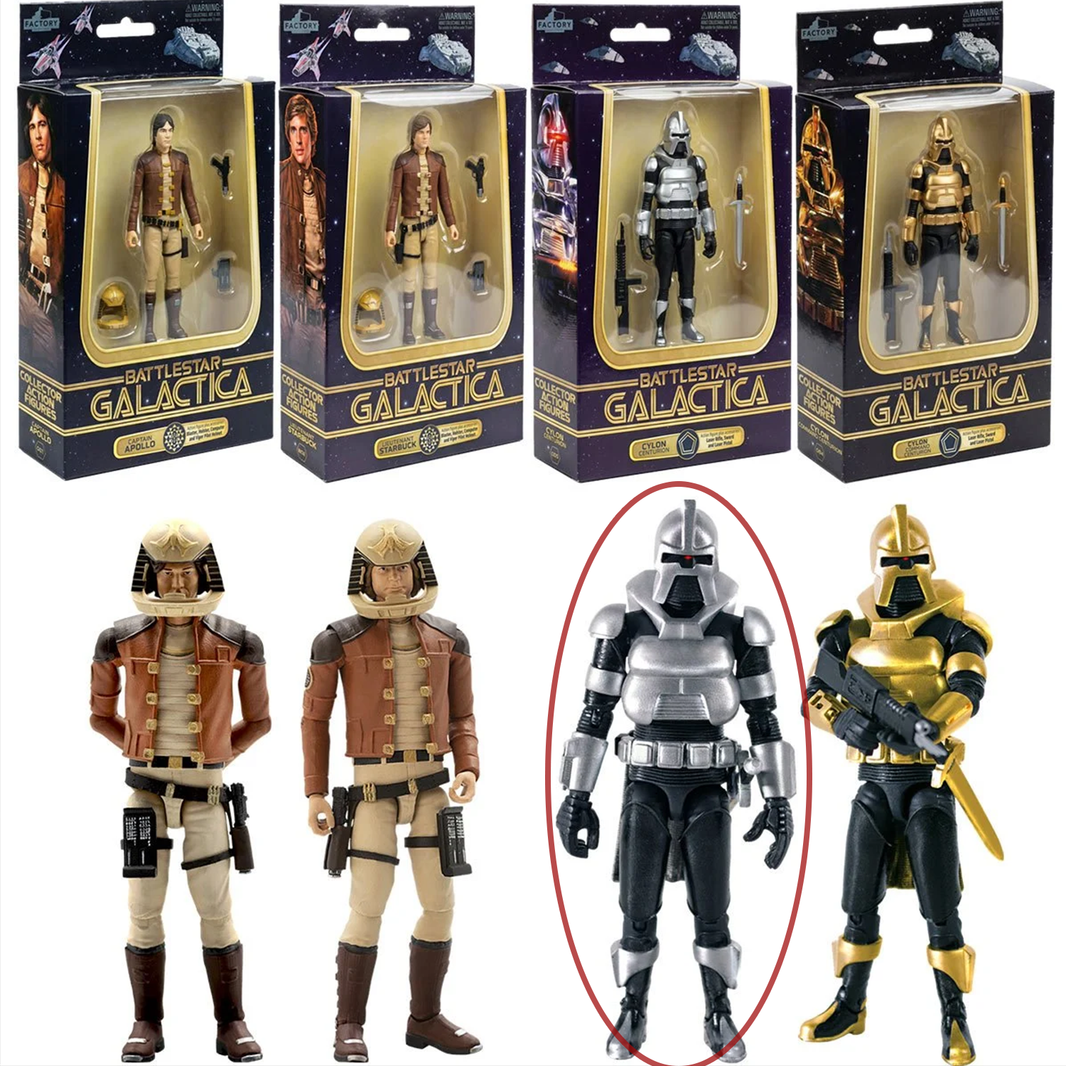 Cylon Centurion (Silver) Battlestar Galactica 1978 Premium 3.75" Scale by Factory Entertainment displayed with other figures and packaging.