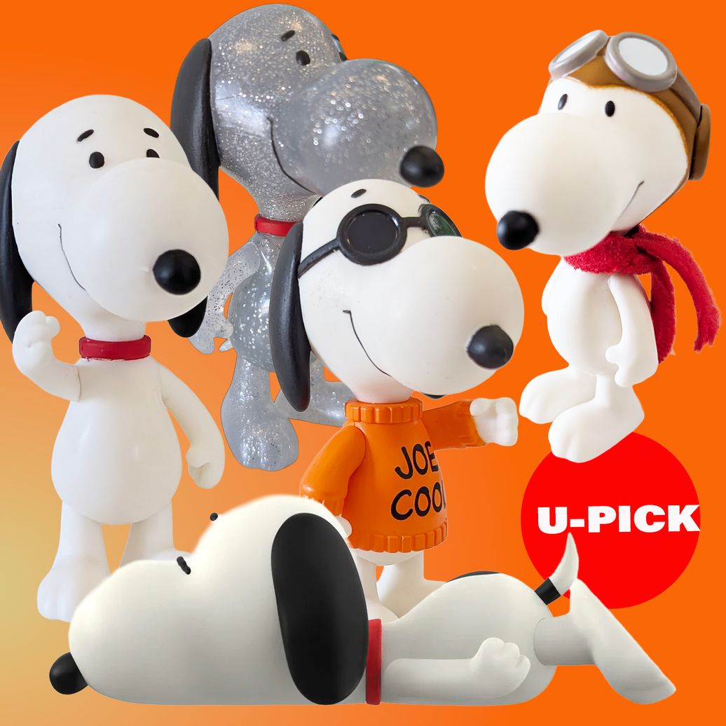 Collection of Super7 3.75-inch Peanuts Snoopy figures including aviator, sweater, and glitter designs on orange background