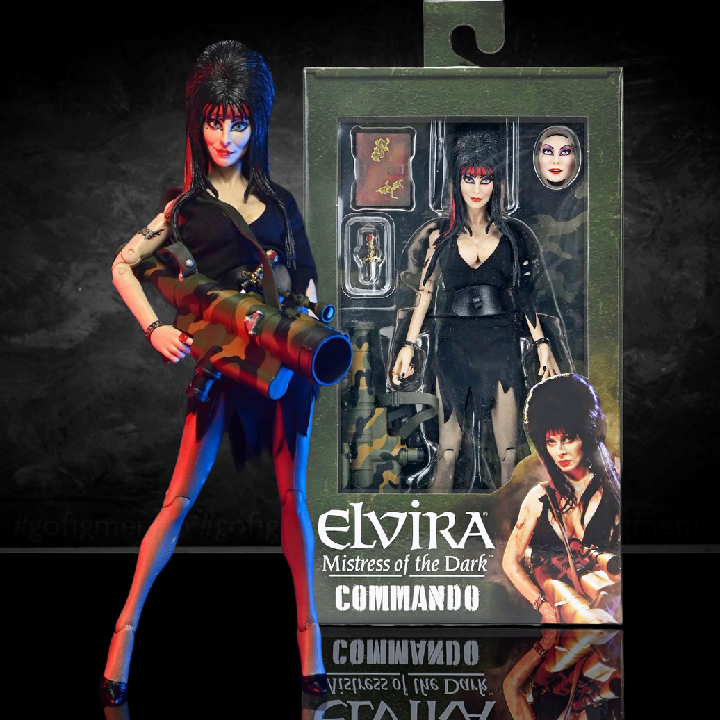 Commando Elvira - Mistress of the Dark 8-Inch Clothed Action Figure by Neca with camo weapon and extra face accessory new in box
