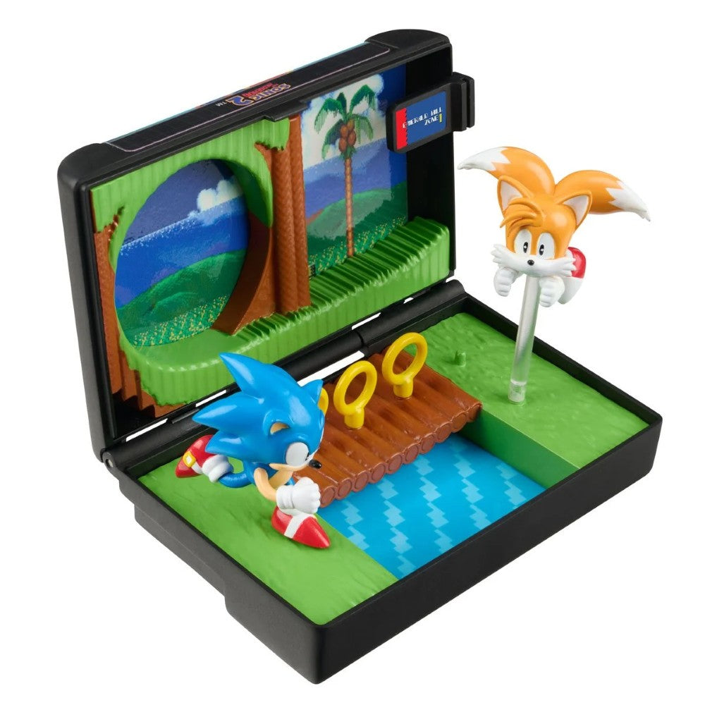 Console Heroes Sega Genesis Sonic the Hedgehog 2 Cartridge Diorama Playset featuring Sonic and Tails in a classic game scene